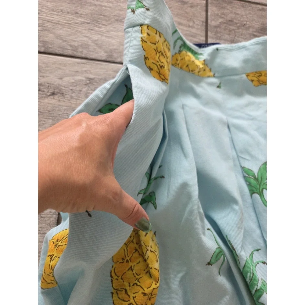 Talbots RSVP Pineapple Pleated Midi Skirt 6 Blue Tropical Cotton A-Line Preppy